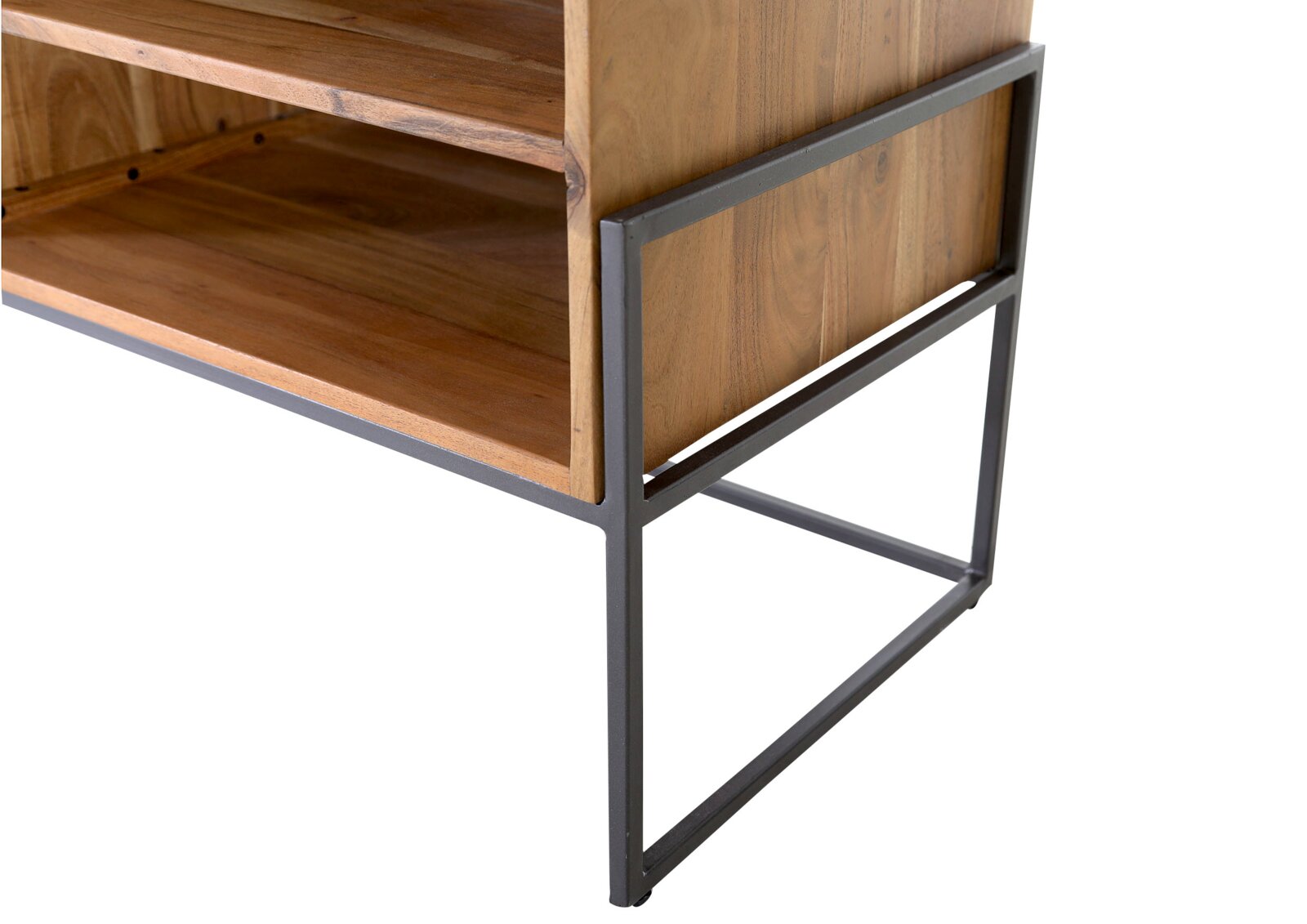 Nahaufnahme eines Lowboards aus Holz mit Metallrahmen, seitliche Perspektive