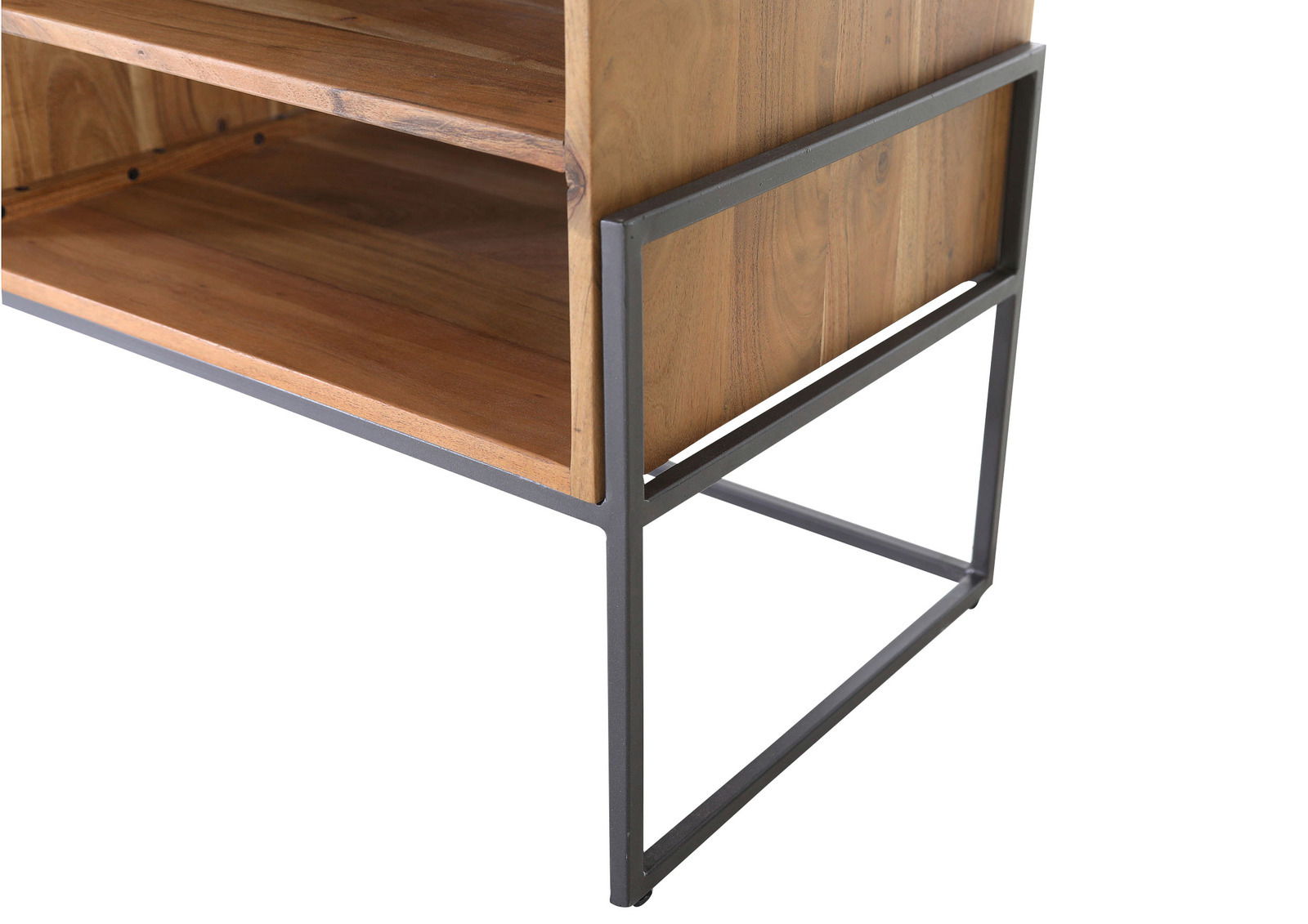 Nahaufnahme eines Lowboards aus Holz mit Metallrahmen, seitliche Perspektive