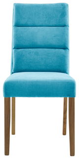 Vorderansicht eines modernen Stuhls mit türkisfarbenem Polster und Holzbeinen.