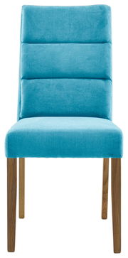 Vorderansicht eines modernen Stuhls mit türkisfarbenem Polster und Holzbeinen.