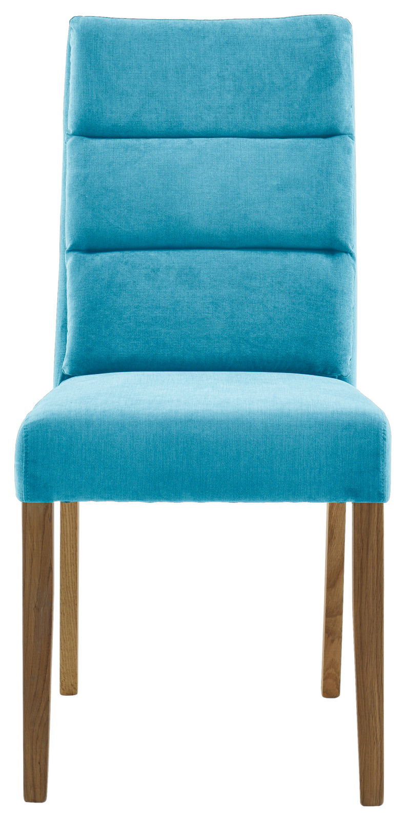 Vorderansicht eines modernen Stuhls mit türkisfarbenem Polster und Holzbeinen.