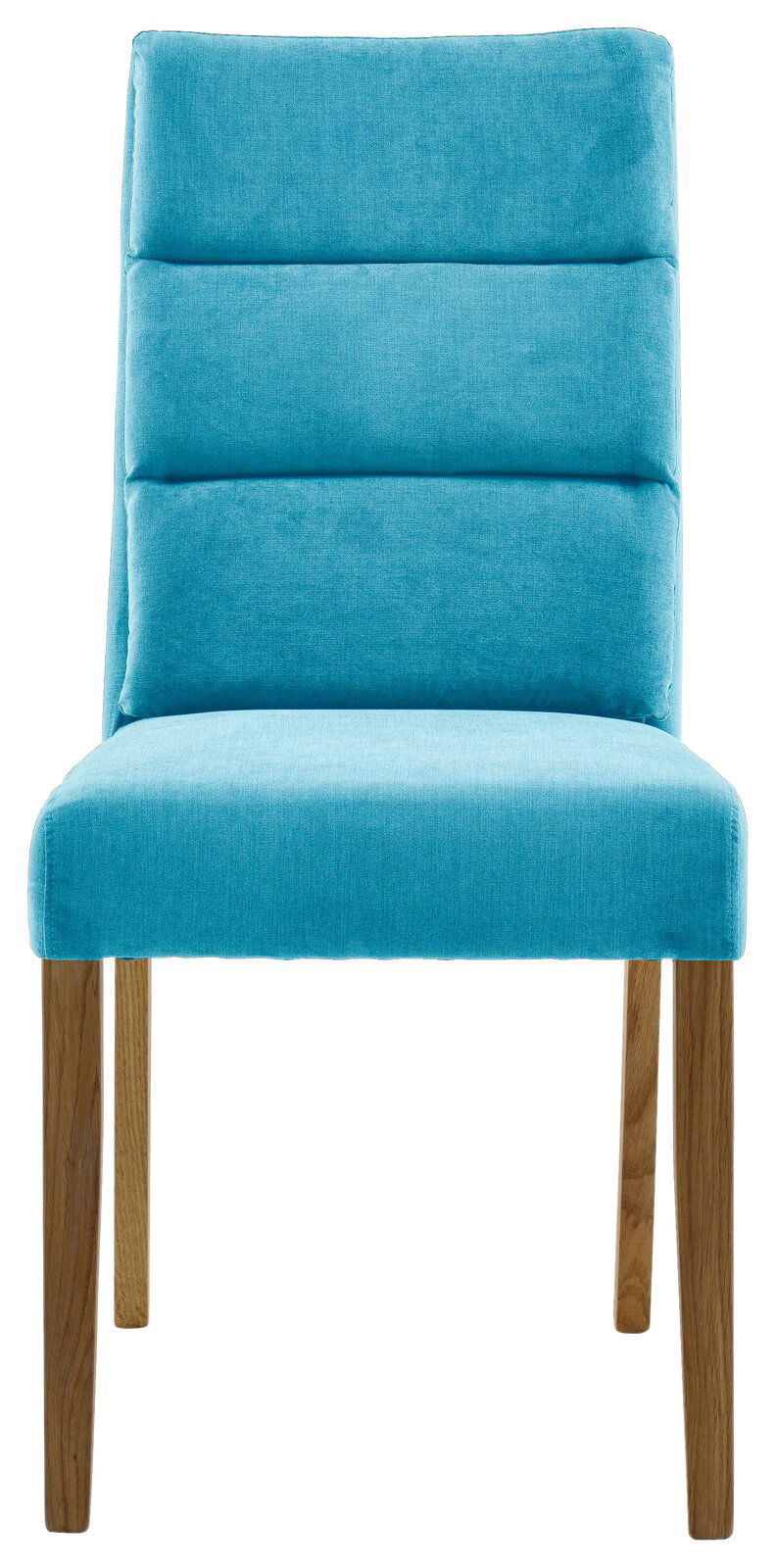 Vorderansicht eines modernen Stuhls mit türkisfarbenem Polster und Holzbeinen.
