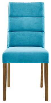 Vorderansicht eines modernen Stuhls mit türkisfarbenem Polster und Holzbeinen.