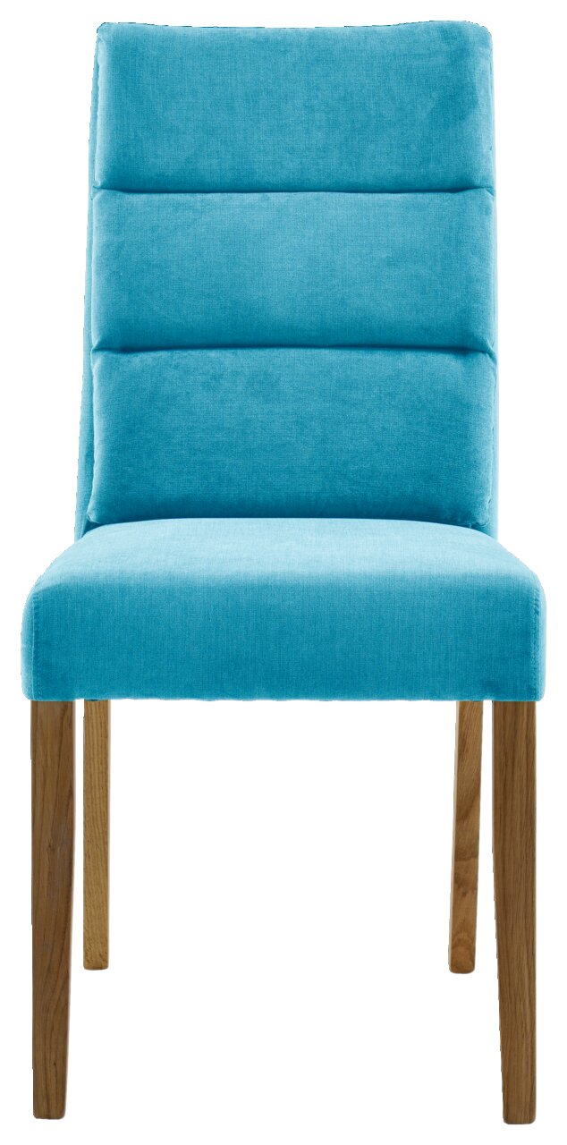 Vorderansicht eines modernen Stuhls mit türkisfarbenem Polster und Holzbeinen.