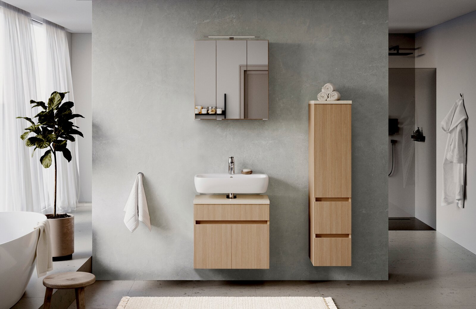 Moderne houten wastafelonderkast in een stijlvolle badkamer, gezien vanaf de voorkant.