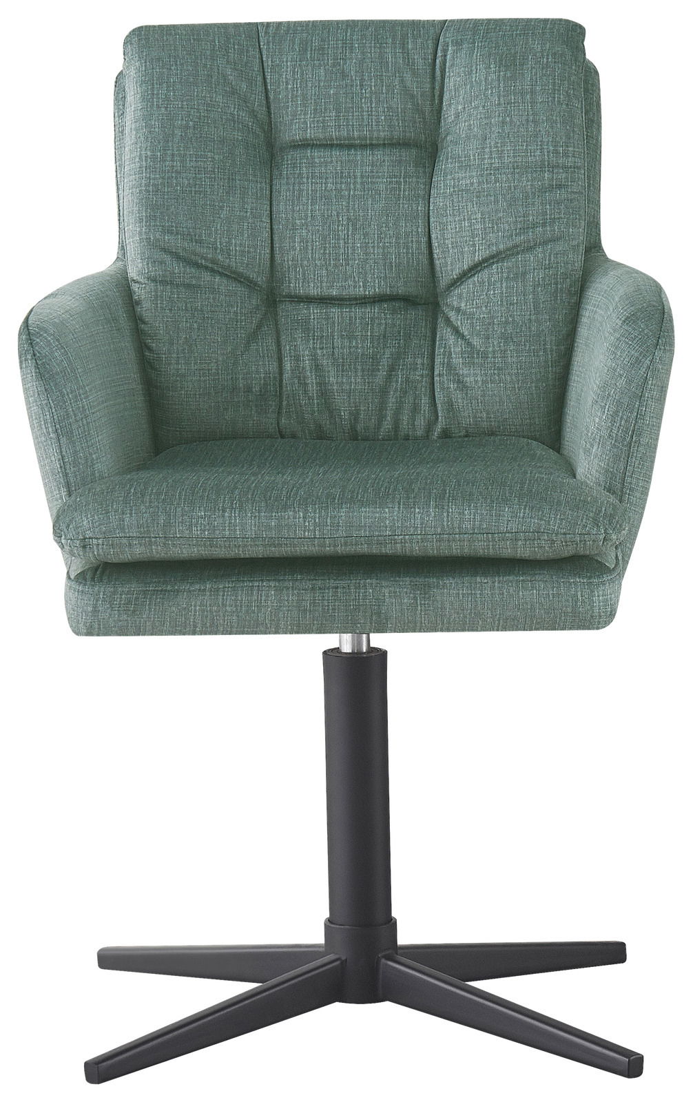 Grüner Armlehnstuhl mit gepolsterter Sitzfläche und Rückenlehne, frontal abgebildet auf schwarzem Drehfuß.