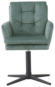 Grüner Armlehnstuhl mit gepolsterter Sitzfläche und Rückenlehne, frontal abgebildet auf schwarzem Drehfuß.