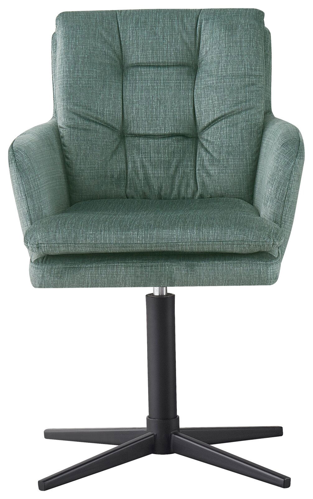 Grüner Armlehnstuhl mit gepolsterter Sitzfläche und Rückenlehne, frontal abgebildet auf schwarzem Drehfuß.