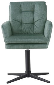Grüner Armlehnstuhl mit gepolsterter Sitzfläche und Rückenlehne, frontal abgebildet auf schwarzem Drehfuß.