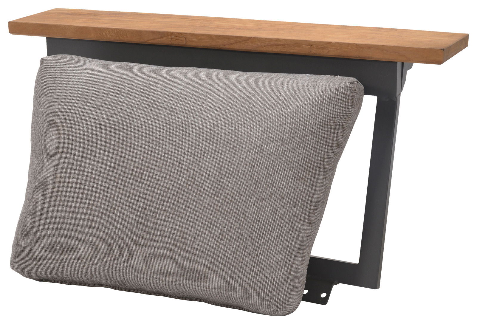Eck-Rückenlehne mit grauem Kissen und Holzablage, seitliche Perspektive