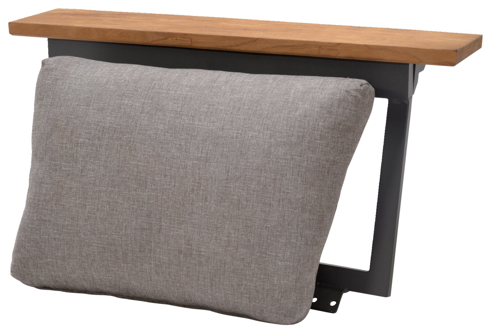 Hoekrugleuning met grijs kussen en houten plank, zijaanzicht