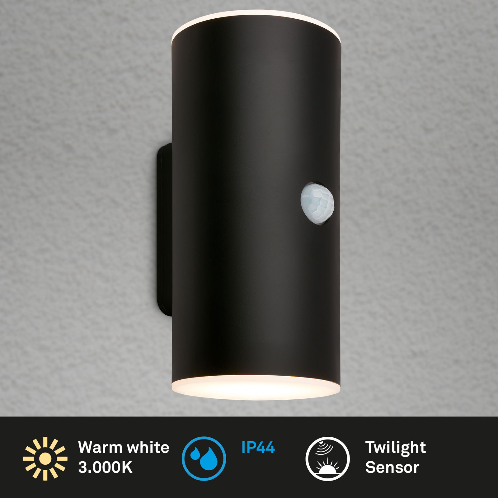 Schwarze zylindrische Akku-Außenwandleuchte mit warmweißem Licht, IP44-Schutz und Dämmerungssensor, seitliche Perspektive
