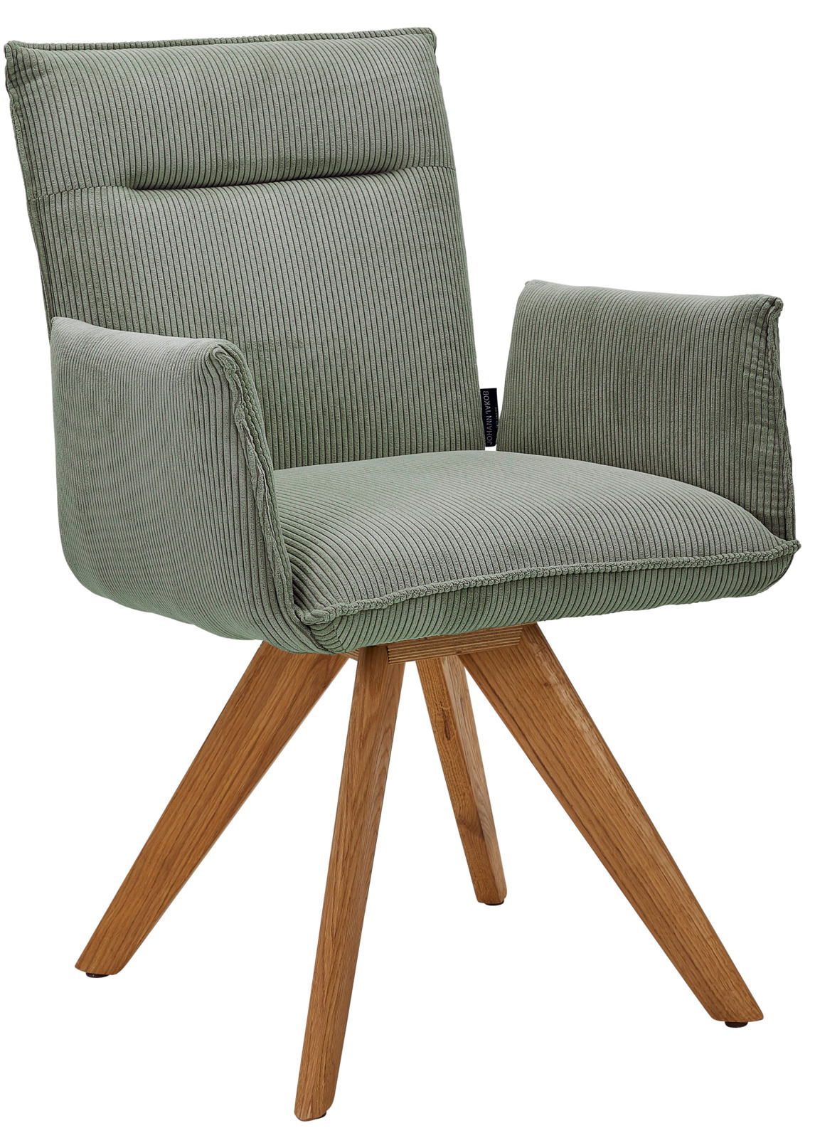 Johann Jakob Armlehnstuhl CALAS Grüner Armlehnstuhl mit Holzbeinen, seitliche Perspektive