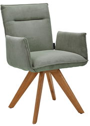 Grüner Armlehnstuhl mit Holzbeinen, seitliche Perspektive