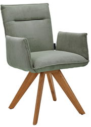 Grüner Armlehnstuhl mit Holzbeinen, seitliche Perspektive