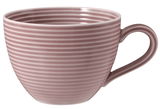 Rosa gestreifte Kaffeetasse mit Henkel, seitliche Perspektive