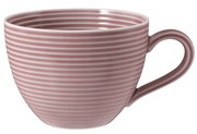 Rosa gestreifte Kaffeetasse mit Henkel, seitliche Perspektive