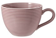 Rosa gestreifte Kaffeetasse mit Henkel, seitliche Perspektive