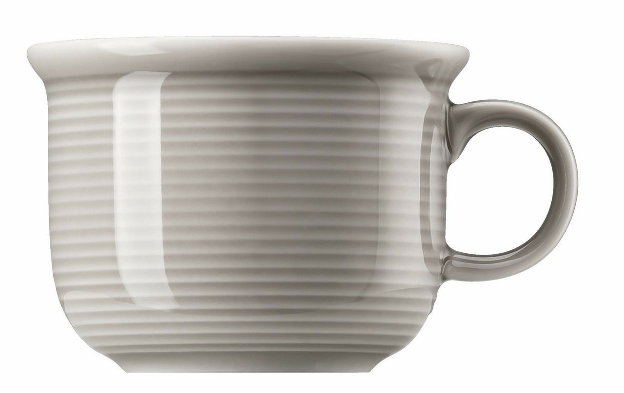 Seitliche Ansicht einer grauen Espresso-Obertasse mit geriffelter Oberfläche und Henkel.