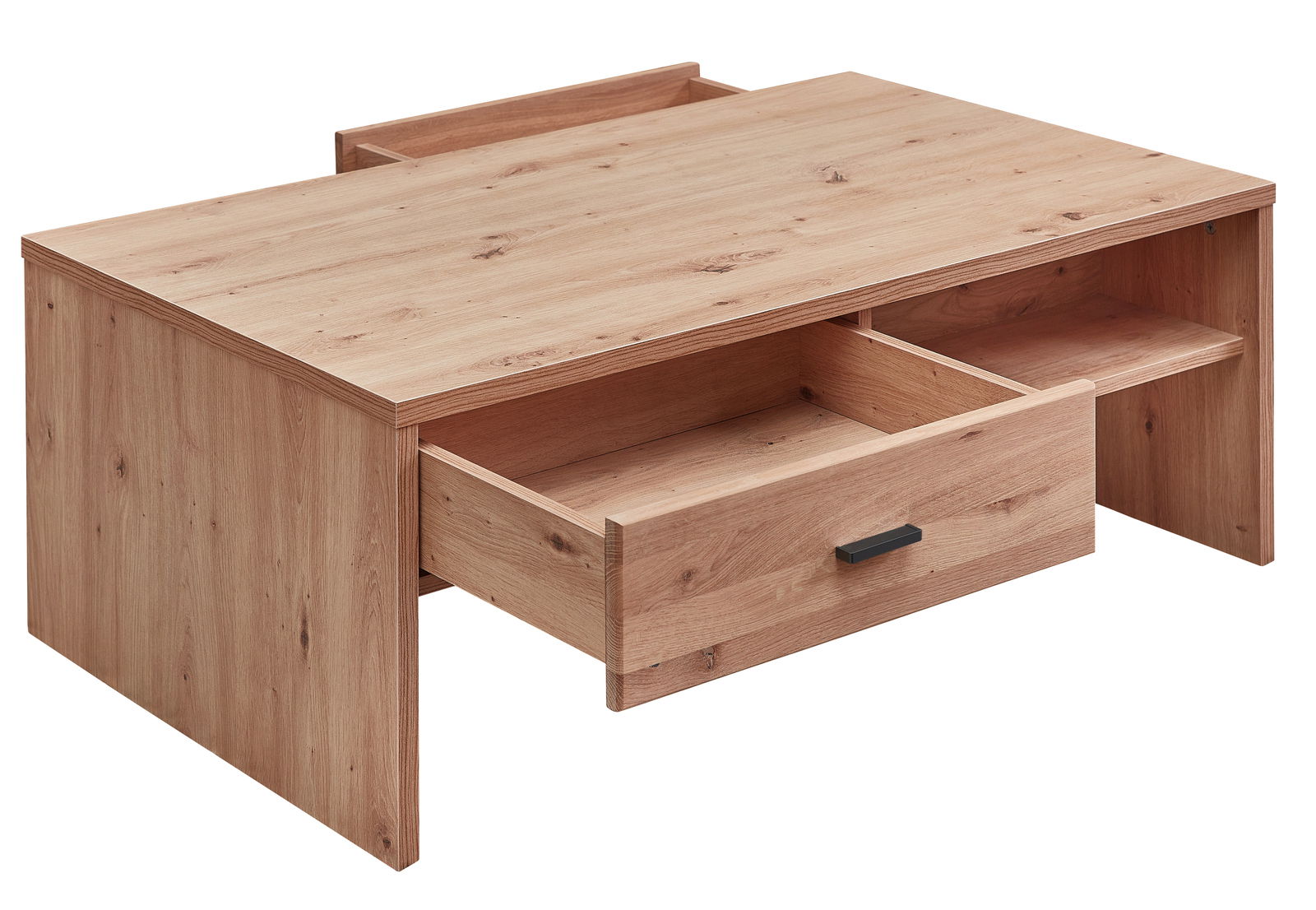 Moderner Couchtisch aus Holz mit Schublade, seitliche Perspektive