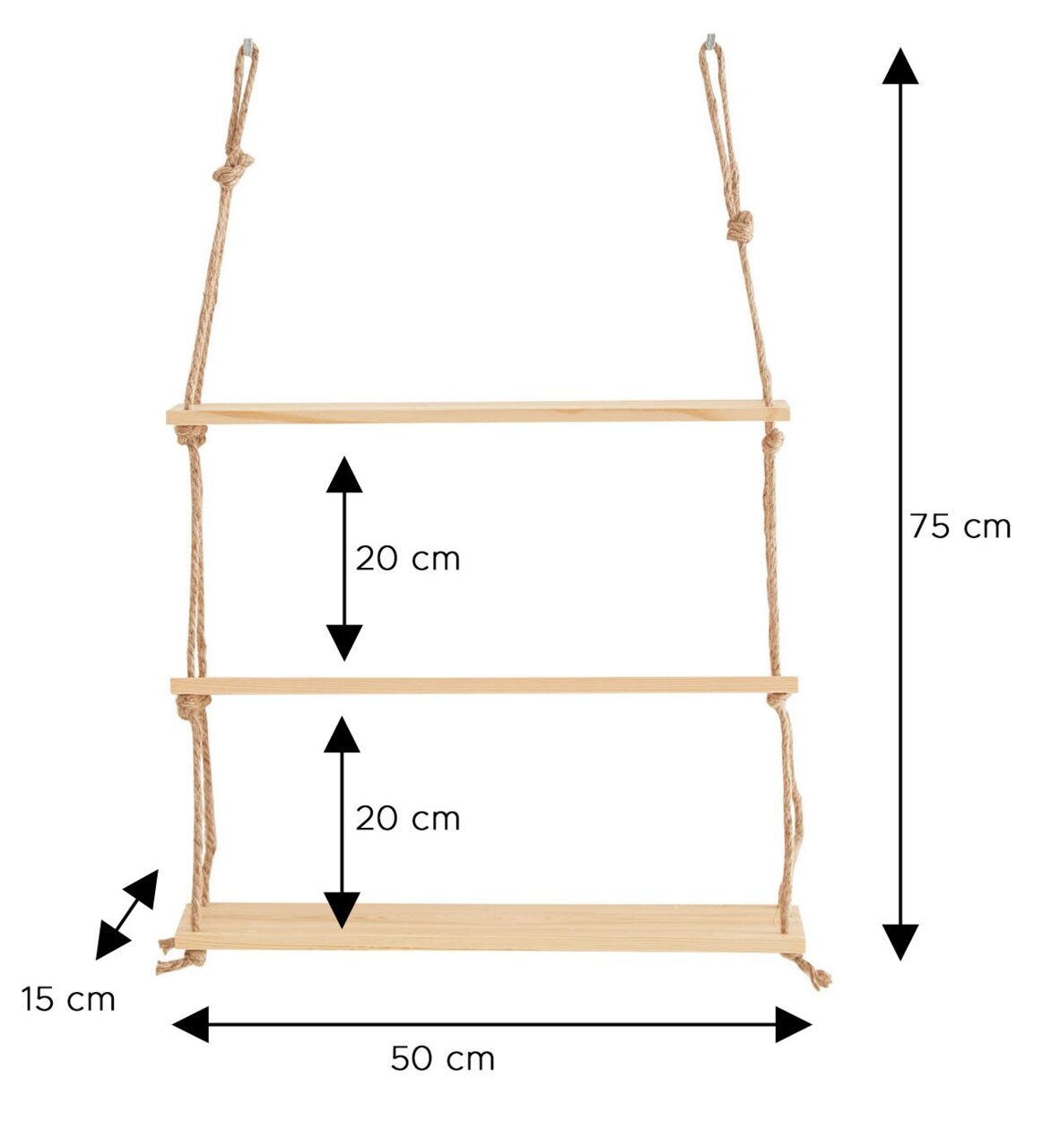 Dreistufiges Hängeregal aus hellem Holz mit Juteseilen, Maße ca. 50 x 15 x 75 cm, Ebenenabstand 20 cm, Frontansicht auf weißem Hintergrund.