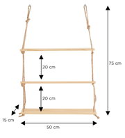 Dreistufiges Hängeregal aus hellem Holz mit Juteseilen, Maße ca. 50 x 15 x 75 cm, Ebenenabstand 20 cm, Frontansicht auf weißem Hintergrund.