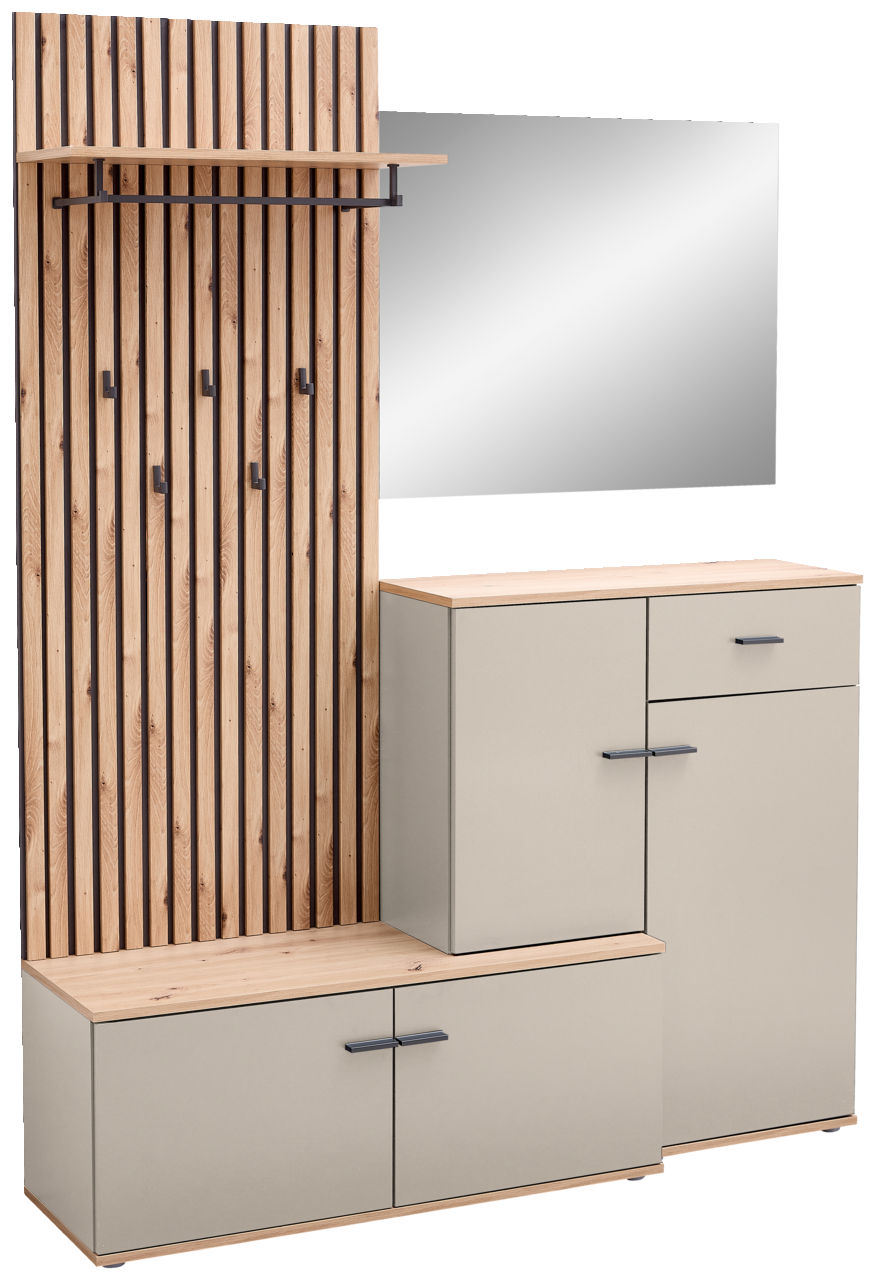 Kompaktgarderobe mit Holzpaneelen, mehreren Haken, einem Spiegel und Stauraum, seitliche Perspektive