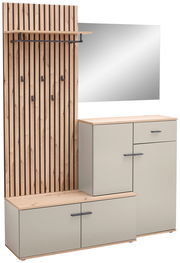 Kompaktgarderobe mit Holzpaneelen, mehreren Haken, einem Spiegel und Stauraum, seitliche Perspektive