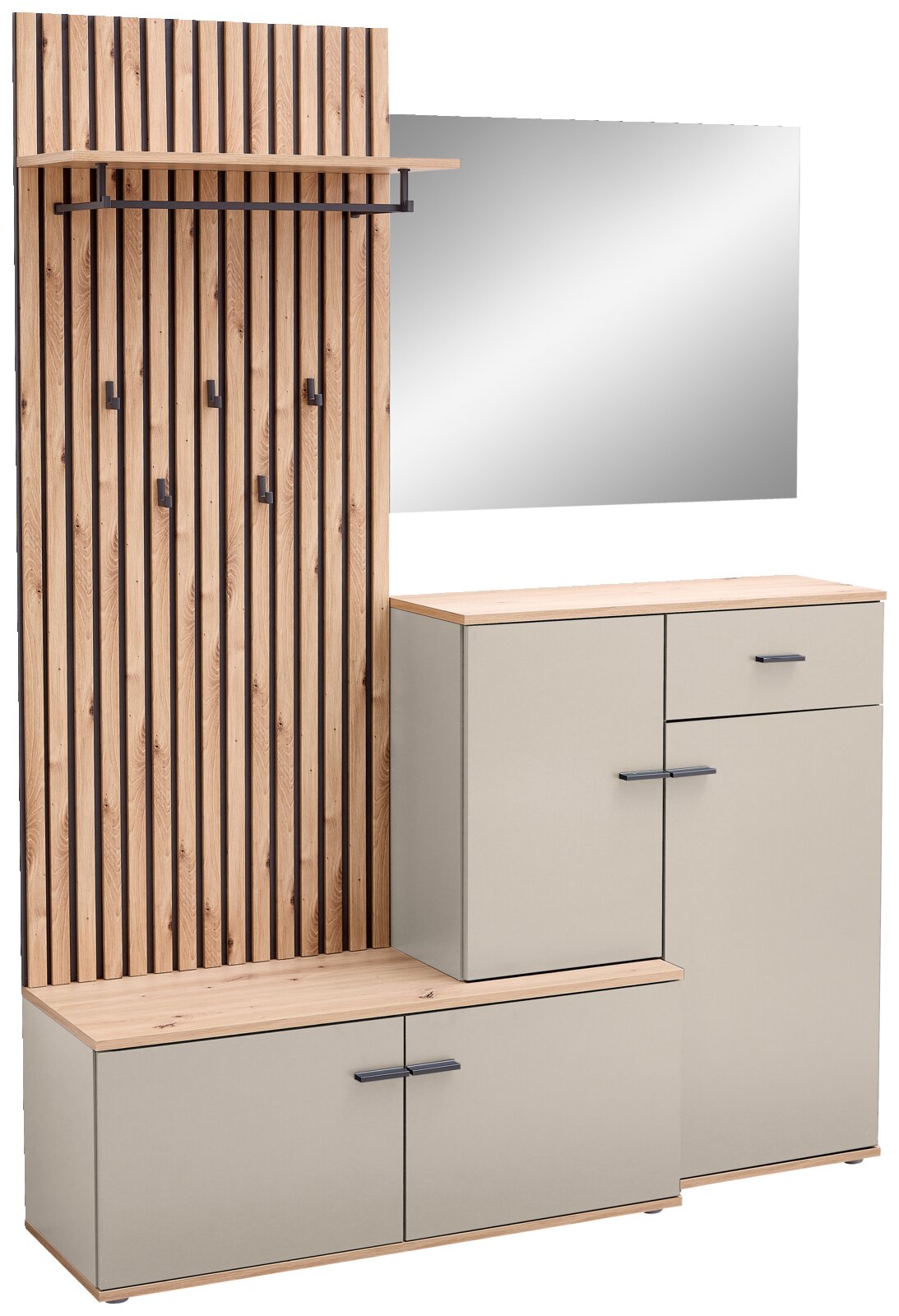Kompaktgarderobe mit Holzpaneelen, mehreren Haken, einem Spiegel und Stauraum, seitliche Perspektive
