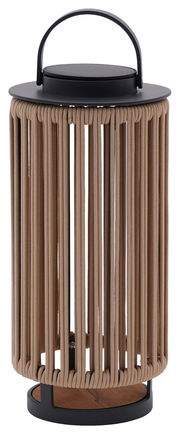 Solarlampe mit schwarzem Griff und beigem Seildesign, seitliche Perspektive