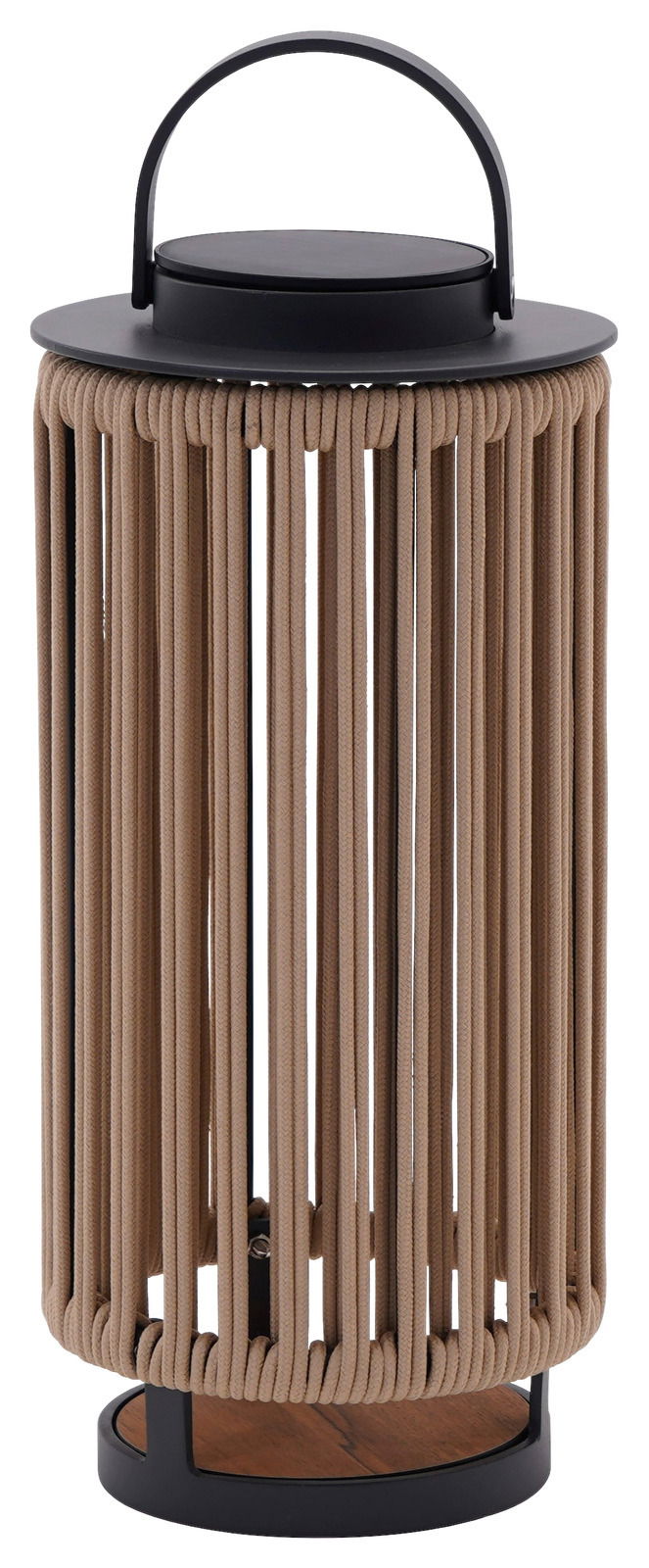 Solarlampe mit schwarzem Griff und beigem Seildesign, seitliche Perspektive