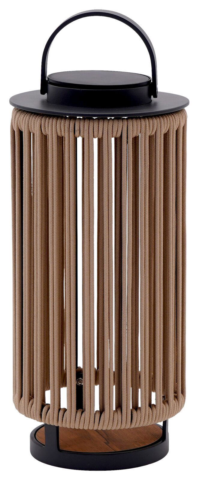 Solarlampe mit schwarzem Griff und beigem Seildesign, seitliche Perspektive