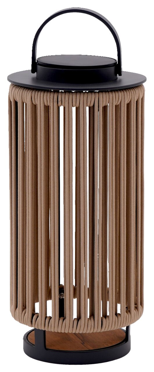 Solarlampe mit schwarzem Griff und beigem Seildesign, seitliche Perspektive