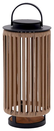 Solarlampe mit schwarzem Griff und beigem Seildesign, seitliche Perspektive