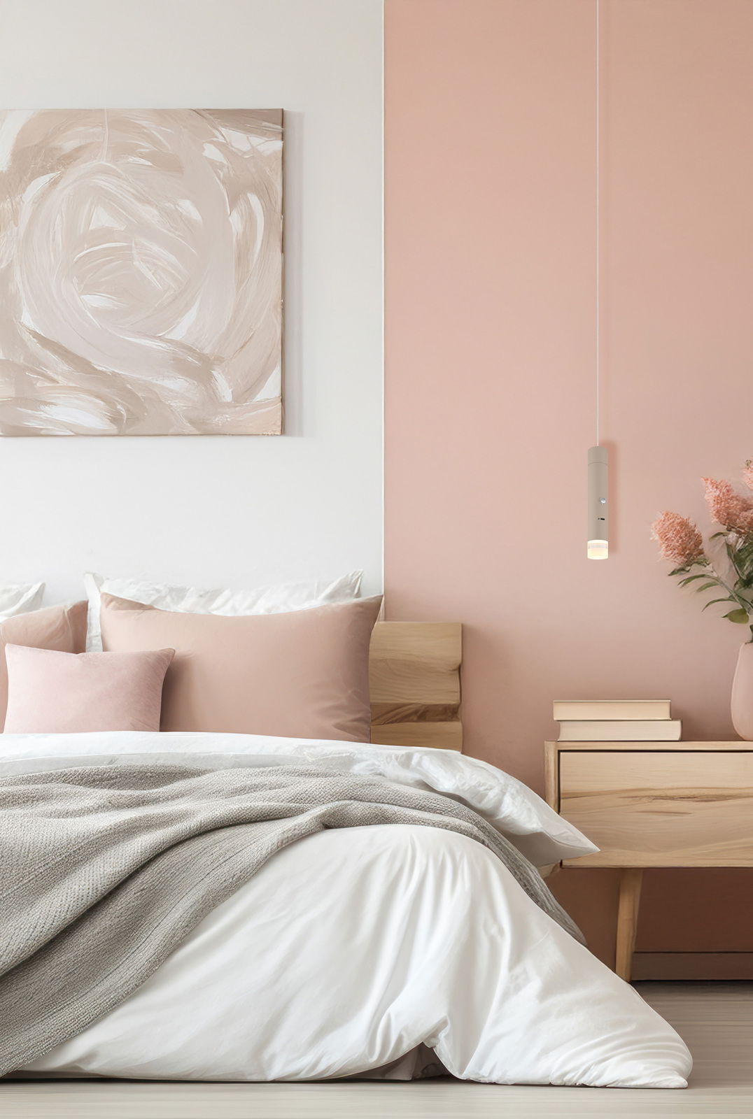 Moderne Akku-Pendelleuchte in einem stilvoll eingerichteten Schlafzimmer, seitliche Perspektive.