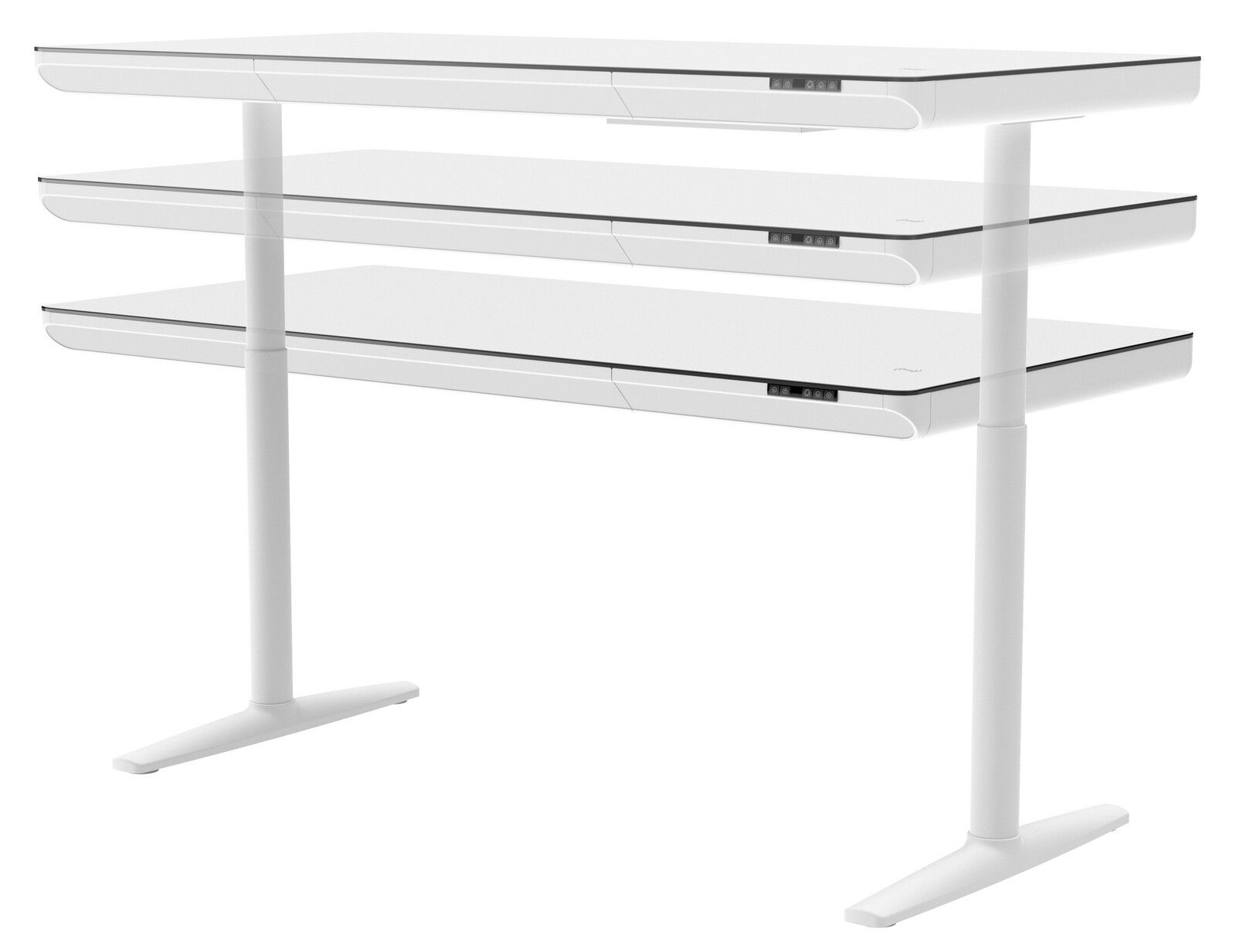 Höhenverstellbarer E-Schreibtisch in Weiß, seitliche Perspektive