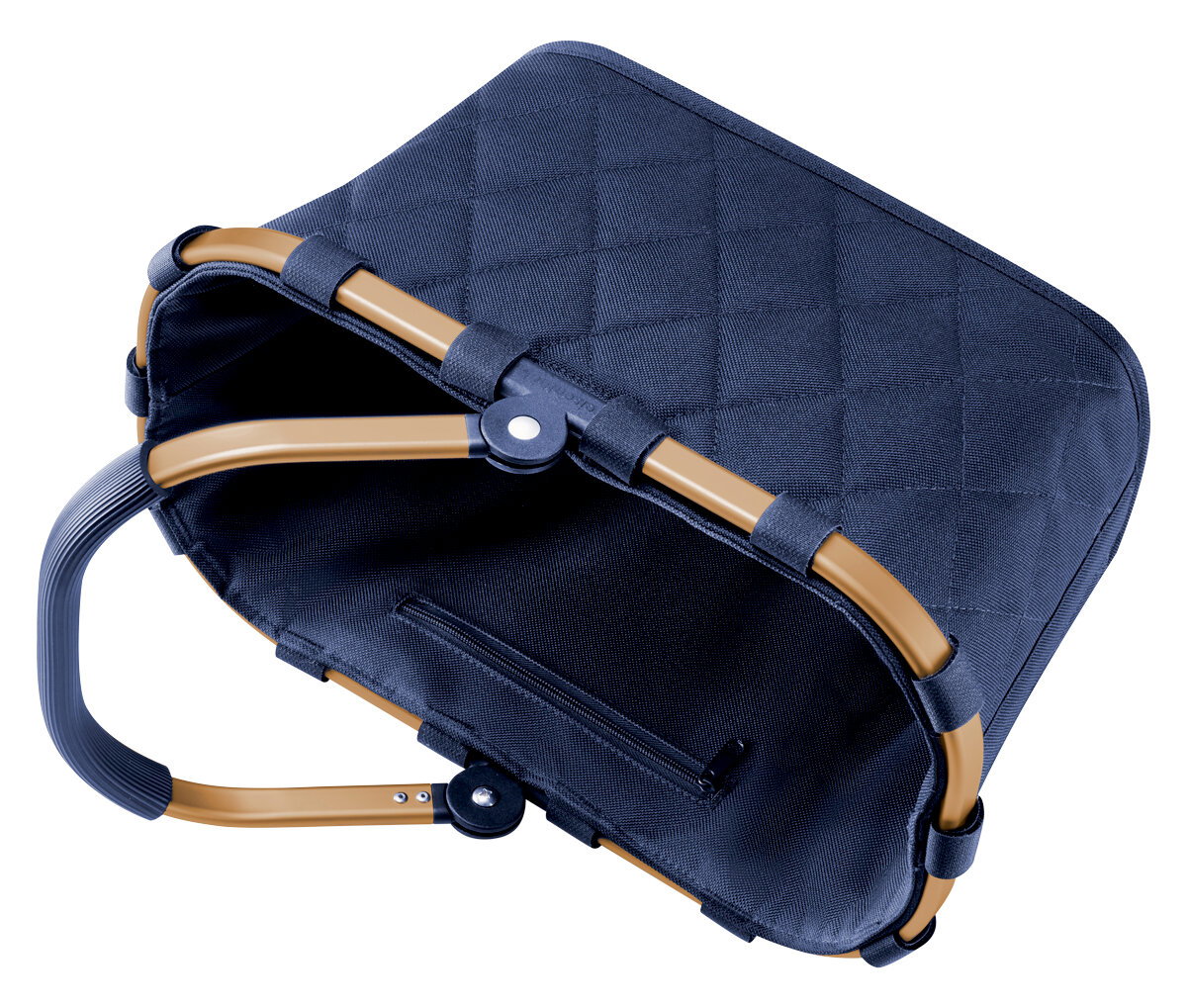 Kleine, dunkelblaue Tragetasche mit gestepptem Muster und braunem Griff, von oben betrachtet.