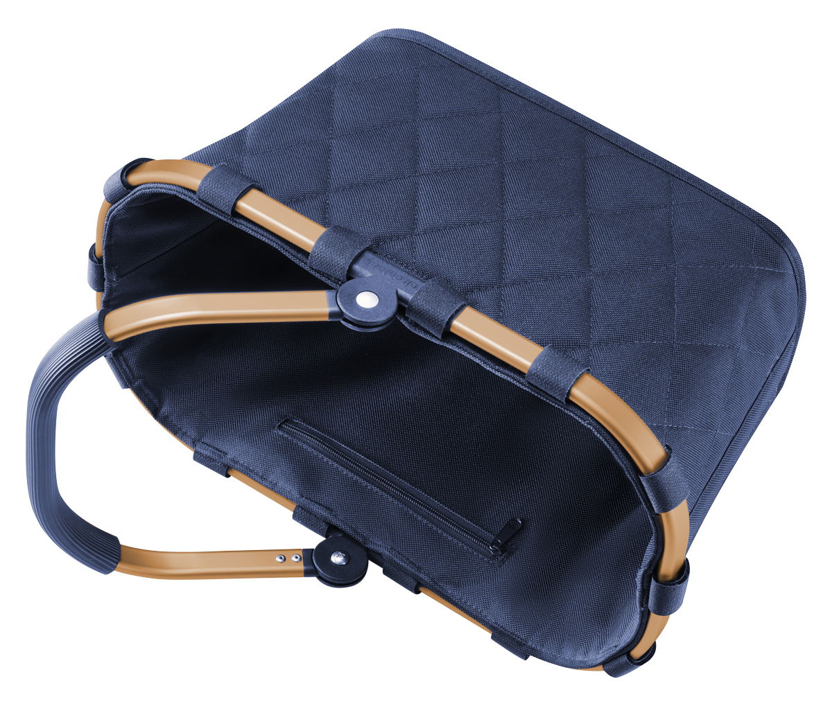 Kleine, dunkelblaue Tragetasche mit gestepptem Muster und braunem Griff, von oben betrachtet.