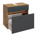 Moderner Waschbeckenunterschrank in Holzoptik mit grauer Front, geöffnete Schublade, seitliche Perspektive