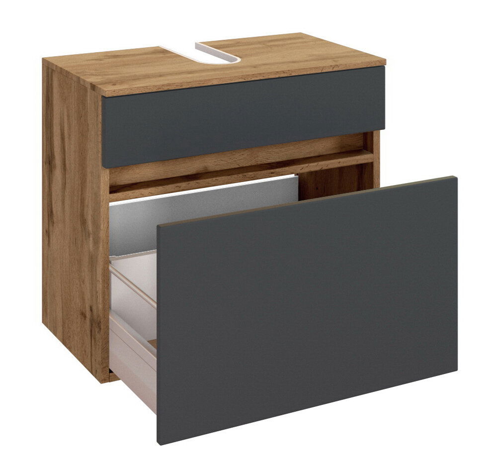 XORA Waschbeckenunterschrank LUCCA Moderner Waschbeckenunterschrank in Holzoptik mit grauer Front, geöffnete Schublade, seitliche Perspektive
