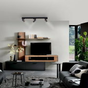 Modernes Wohnzimmer mit schwarzer Deckenleuchte/Schienenstrahler mit drei Spots und integrierter Lichtleiste über TV-Board und Wandregal; Frontalansicht leicht von unten