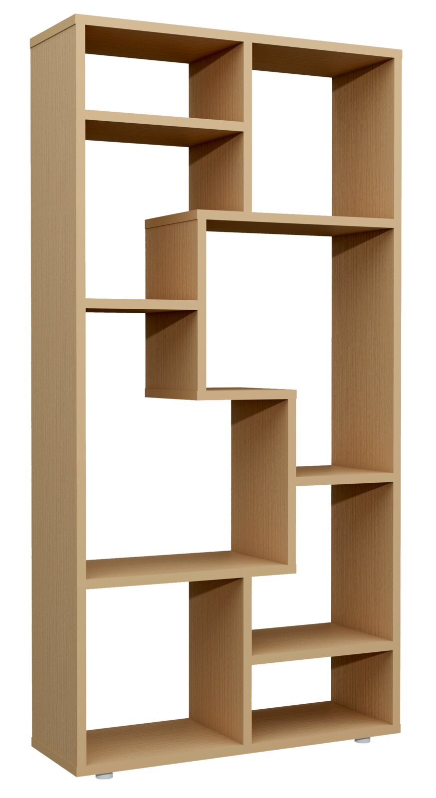 Modernes, hohes Bücherregal aus hellem Holz mit asymmetrischen offenen Fächern, freigestellt auf weißem Hintergrund, in leichter Frontansicht mit Perspektive von links oben.