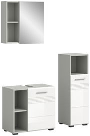 Badezimmermöbel-Set bestehend aus einem Spiegelschrank, einem Waschbeckenunterschrank und einem Hochschrank, in moderner, weißer Hochglanzoptik, frontal abgebildet.