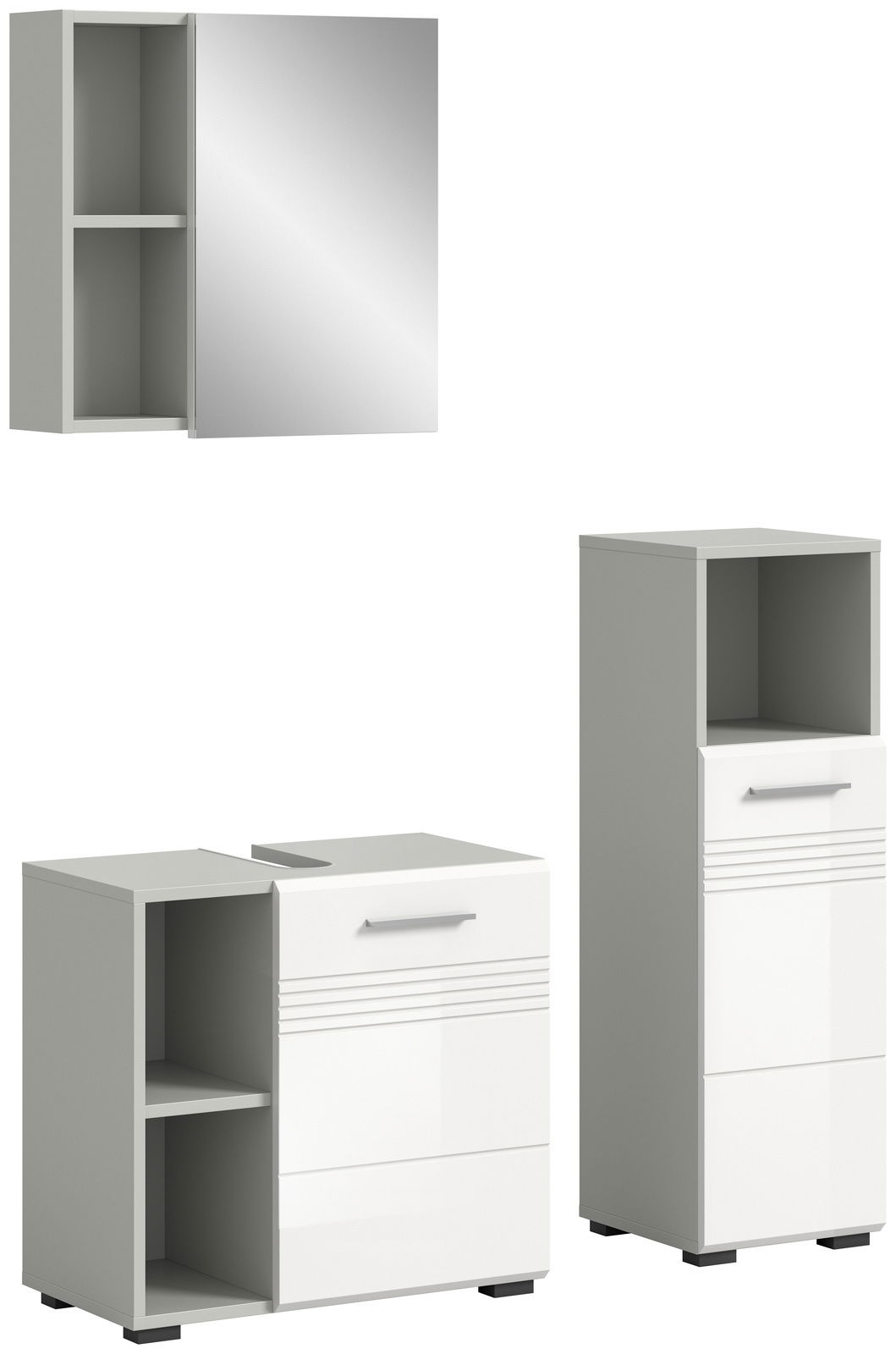 Badezimmermöbel-Set bestehend aus einem Spiegelschrank, einem Waschbeckenunterschrank und einem Hochschrank, in moderner, weißer Hochglanzoptik, frontal abgebildet.