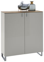 Moderner Schuhschrank mit zwei Türen, dekoriert mit einer Vase und einem Tablett, aus frontaler Perspektive.