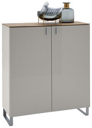 Moderner Schuhschrank mit zwei Türen, dekoriert mit einer Vase und einem Tablett, aus frontaler Perspektive.