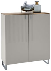 Moderner Schuhschrank mit zwei Türen, dekoriert mit einer Vase und einem Tablett, aus frontaler Perspektive.