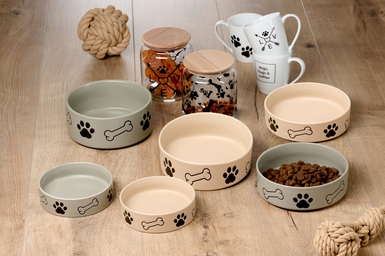 Verschiedene Hundenäpfe in Beige und Grau mit Pfoten- und Knochenmotiven, auf einem Holzboden aus der Vogelperspektive arrangiert.