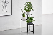 Moderner schwarzer Blumenständer mit drei Ebenen, auf denen verschiedene Pflanzen in Töpfen stehen. Der Ständer steht in einer hellen, minimalistischen Umgebung. Perspektive von vorne.