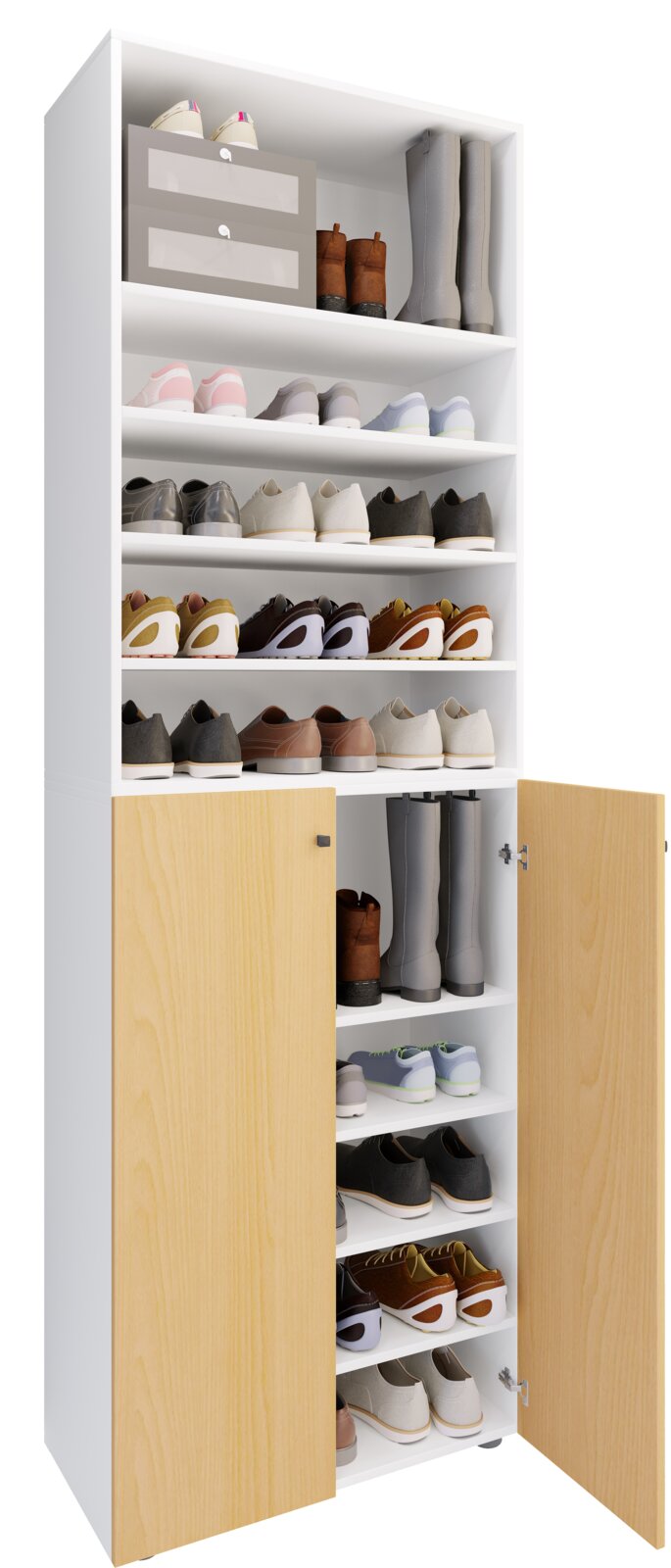 Hoher weißer Schuhschrank mit mehreren Regalböden und zwei geöffneten Holztüren, gefüllt mit Schuhen und Stiefeln; Ansicht schräg von vorn.